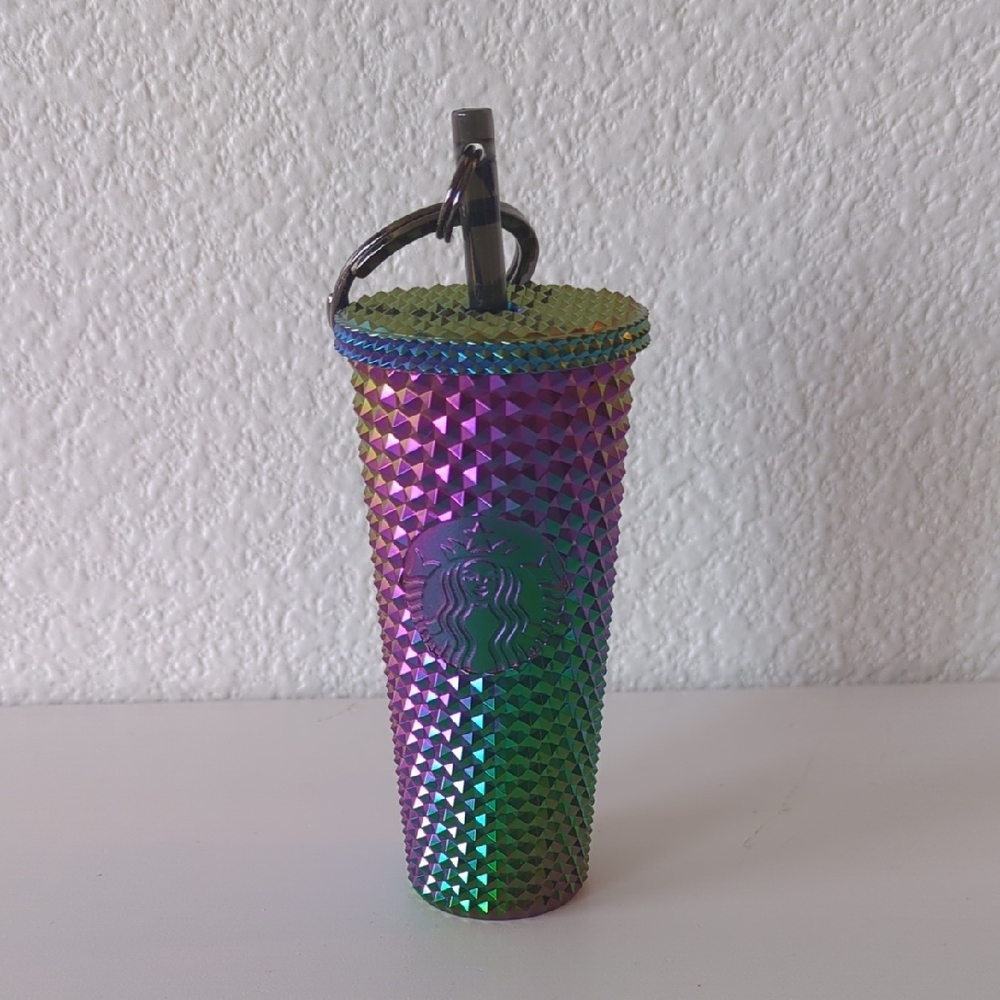 Starbucks 2023 Studded Oil Slick Rainbow Iridescent Tumbler Keychain Ornament